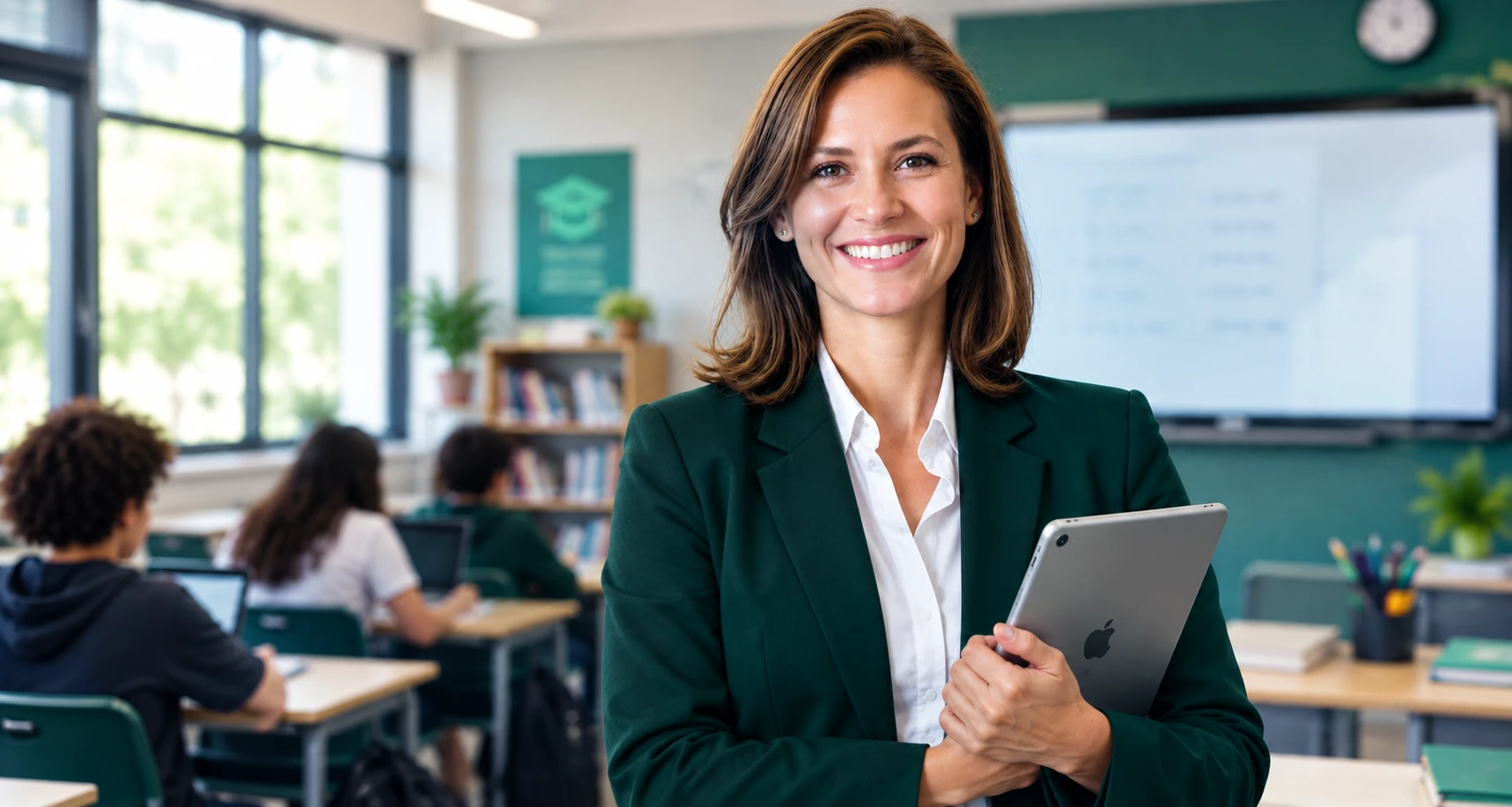 Professora sorrindo em uma sala de aula, com um tablet nas mãos e alunos trabalhando ao fundo